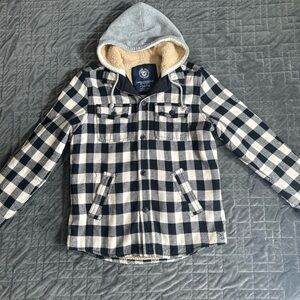 American Eagle Sherpa Lined Plaid hooded Jacket Mens Black Tan Medium